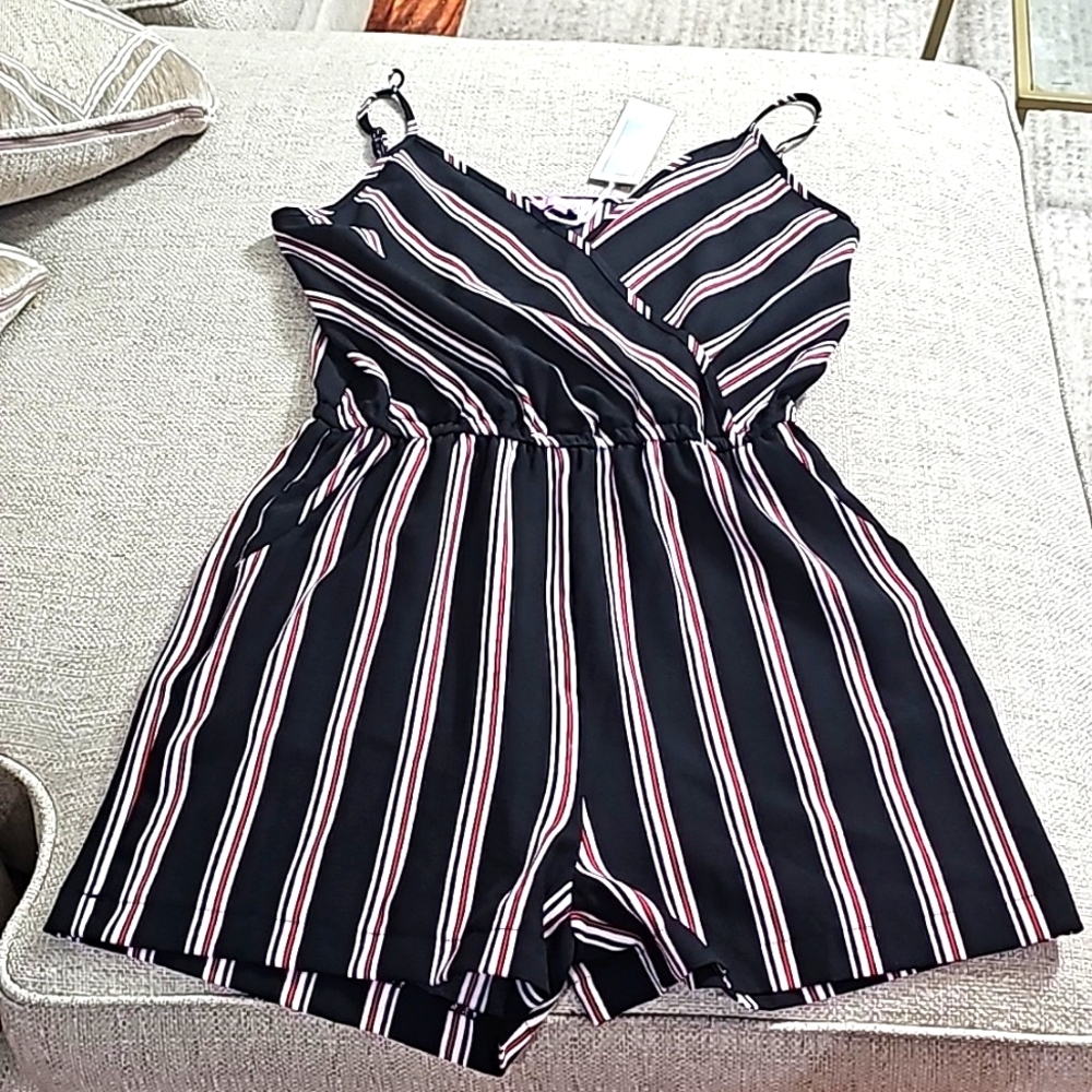 Ciso Black Striped Backless Romper with Red and White Stripes
